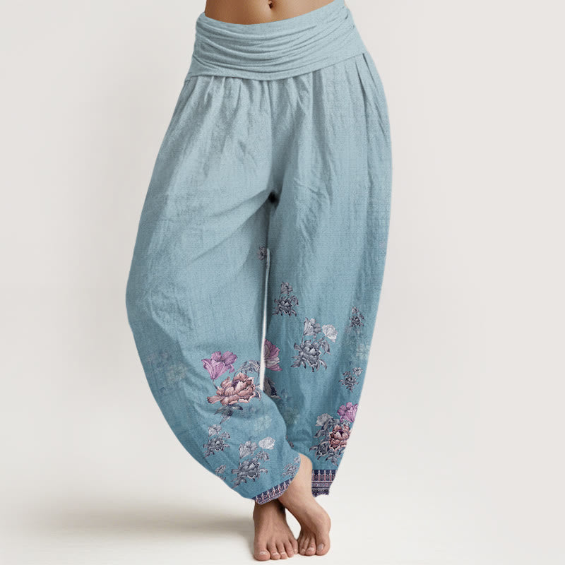 Pantaloni harem da donna con elastico in vita, modello casual in cotone con motivo a petali di peonia e pietre Buddha Stones - AzzurroCielo Chiaro - US22, UK/AU26, EU54 (6XL) - image 7