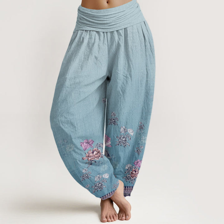 Pantaloni harem da donna con elastico in vita, modello casual in cotone con motivo a petali di peonia e pietre Buddha Stones - AzzurroCielo Chiaro - US22, UK/AU26, EU54 (6XL) - image 7