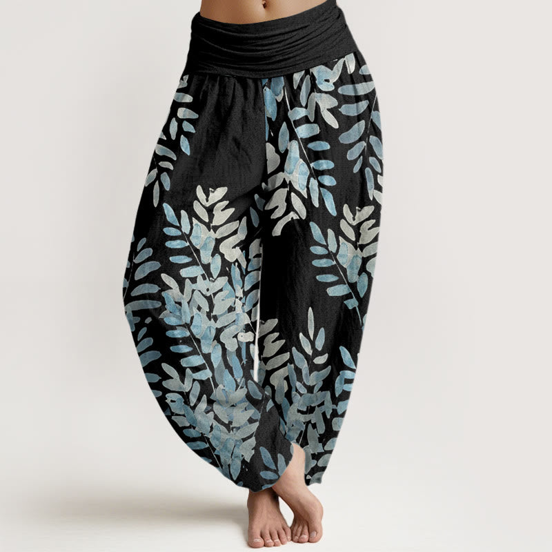 Pantaloni harem da donna con elastico in vita, motivo a foglie intrecciate, motivo casual Buddha Stones - Nero - US22, UK/AU26, EU54 (6XL) - image 1