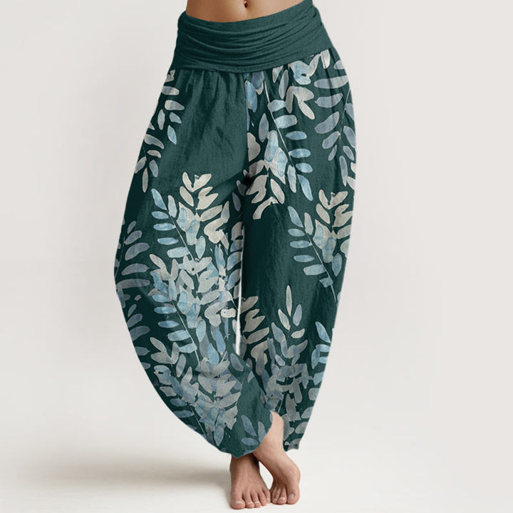 Pantaloni harem da donna con elastico in vita, motivo a foglie intrecciate, motivo casual Buddha Stones - Ciano scuro - US22, UK/AU26, EU54 (6XL) - image 5