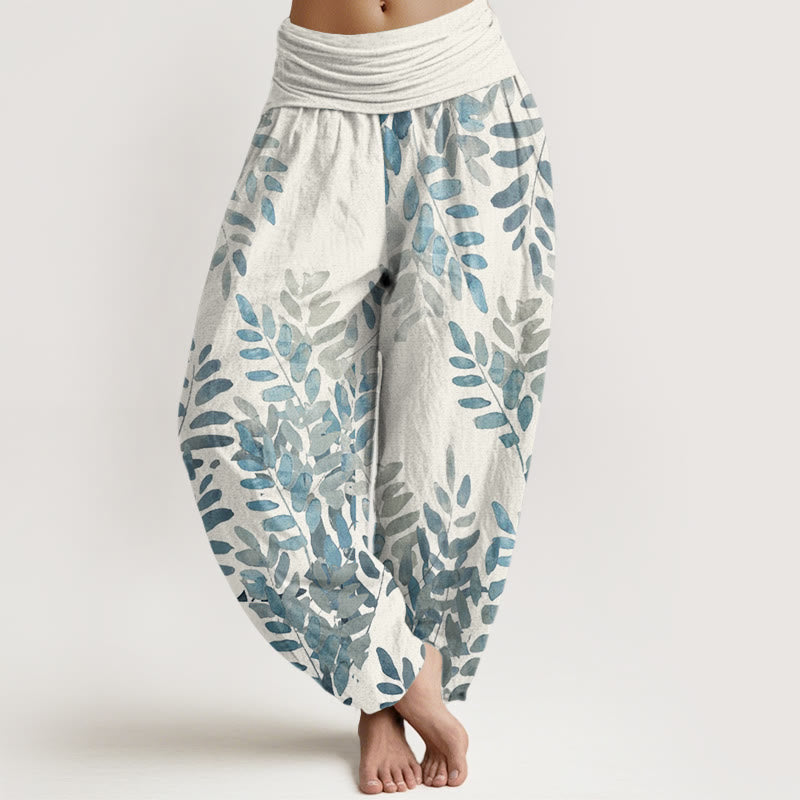 Pantaloni harem da donna con elastico in vita, motivo a foglie intrecciate, motivo casual Buddha Stones - Avorio - US22, UK/AU26, EU54 (6XL) - image 7