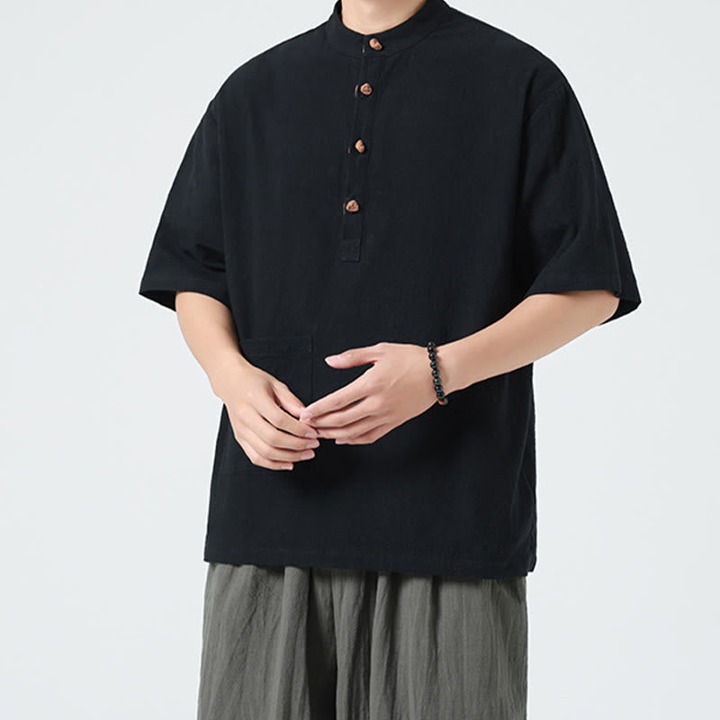 Camicia da uomo in cotone a mezza manica con tasca, modello Buddha Stones Casual, con colletto alla coreana e bottoni a mezza rana
