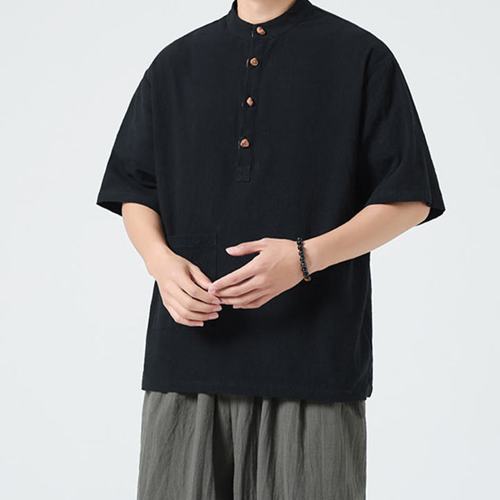 Camicia da uomo in cotone a mezza manica con tasca, modello Buddha Stones Casual, con colletto alla coreana e bottoni a mezza rana