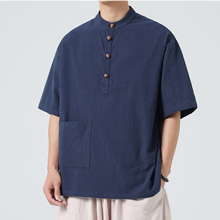 Camicia da uomo in cotone a mezza manica con tasca, modello Buddha Stones Casual, con colletto alla coreana e bottoni a mezza rana