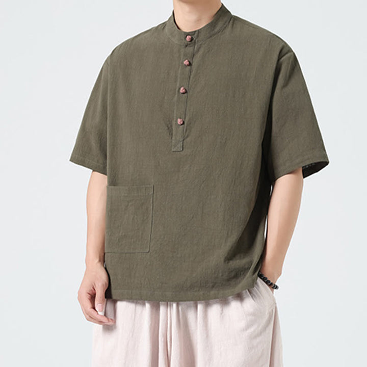 Camicia da uomo in cotone a mezza manica con tasca, modello Buddha Stones Casual, con colletto alla coreana e bottoni a mezza rana