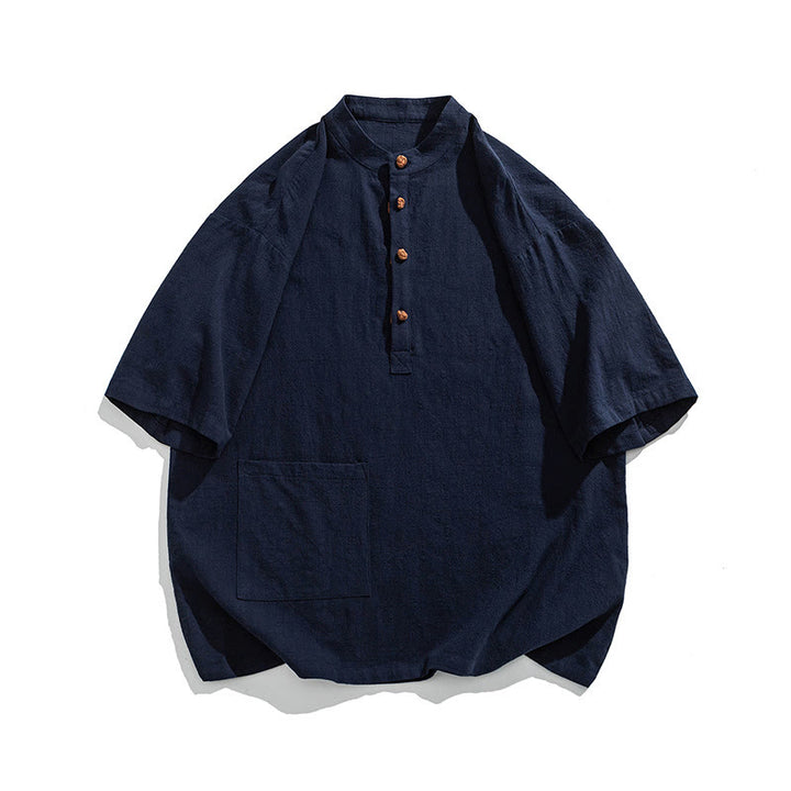 Camicia da uomo in cotone a mezza manica con tasca, modello Buddha Stones Casual, con colletto alla coreana e bottoni a mezza rana