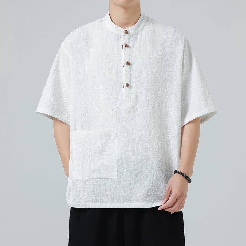 Camicia da uomo in cotone a mezza manica con tasca, modello Buddha Stones Casual, con colletto alla coreana e bottoni a mezza rana