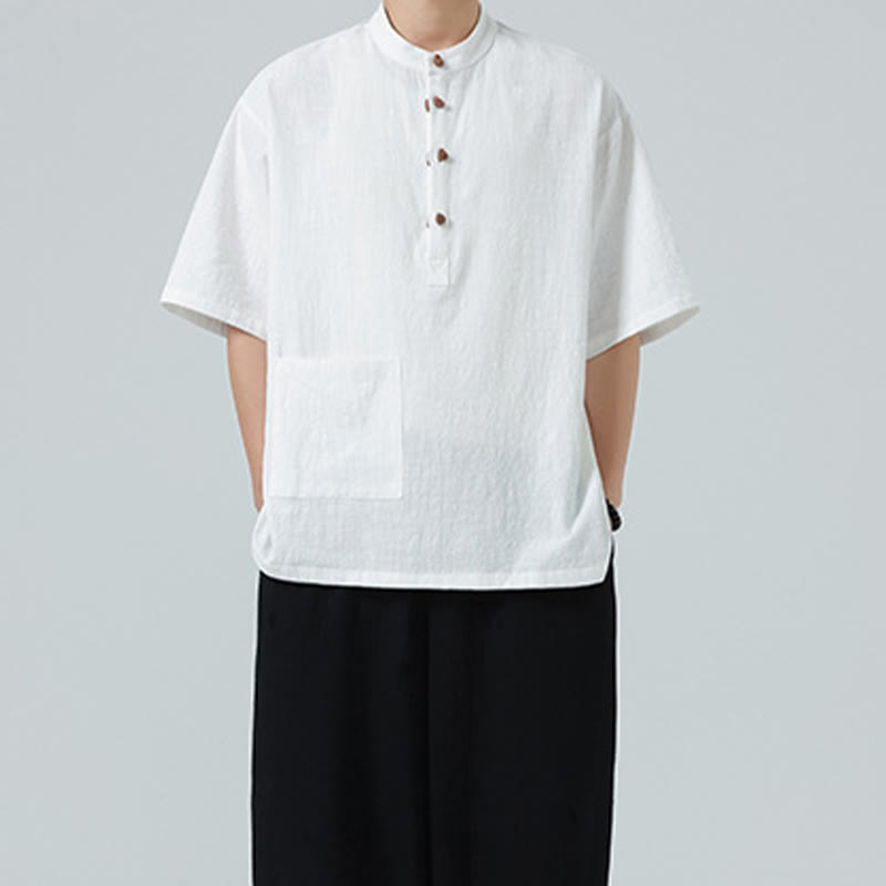 Camicia da uomo in cotone a mezza manica con tasca, modello Buddha Stones Casual, con colletto alla coreana e bottoni a mezza rana
