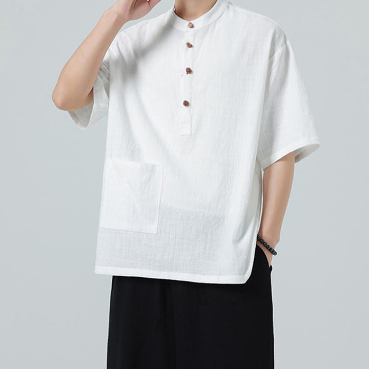 Camicia da uomo in cotone a mezza manica con tasca, modello Buddha Stones Casual, con colletto alla coreana e bottoni a mezza rana