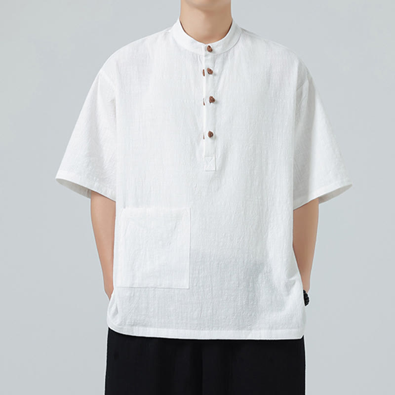 Camicia da uomo in cotone a mezza manica con tasca, modello Buddha Stones Casual, con colletto alla coreana e bottoni a mezza rana