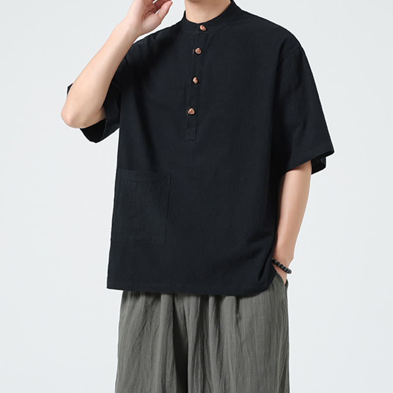 Camicia da uomo in cotone a mezza manica con tasca, modello Buddha Stones Casual, con colletto alla coreana e bottoni a mezza rana