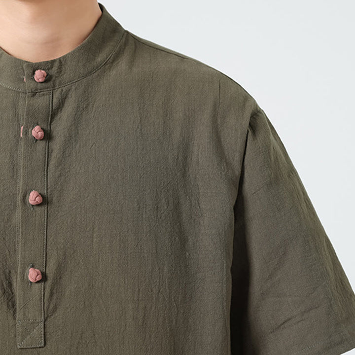 Camicia da uomo in cotone a mezza manica con tasca, modello Buddha Stones Casual, con colletto alla coreana e bottoni a mezza rana