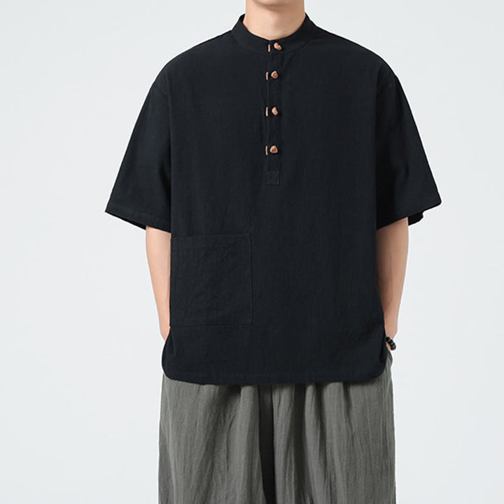 Camicia da uomo in cotone a mezza manica con tasca, modello Buddha Stones Casual, con colletto alla coreana e bottoni a mezza rana - Nero - US/UK/AU46, EU56 (5XL) - image 9