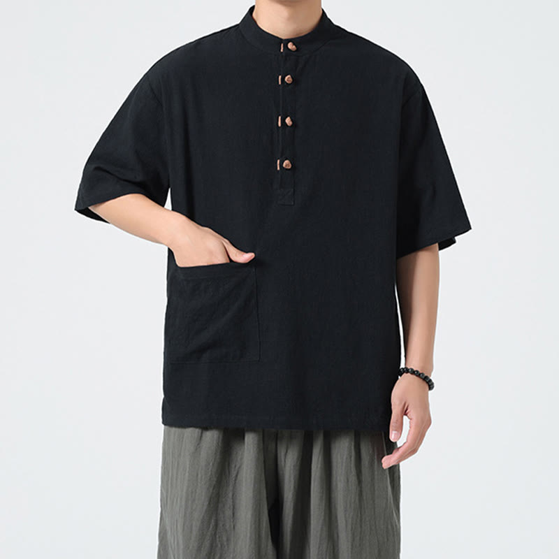 Camicia da uomo in cotone a mezza manica con tasca, modello Buddha Stones Casual, con colletto alla coreana e bottoni a mezza rana