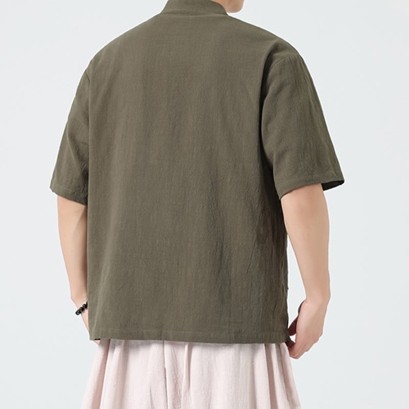 Camicia da uomo in cotone a mezza manica con tasca, modello Buddha Stones Casual, con colletto alla coreana e bottoni a mezza rana