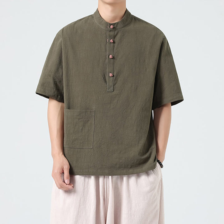 Camicia da uomo in cotone a mezza manica con tasca, modello Buddha Stones Casual, con colletto alla coreana e bottoni a mezza rana