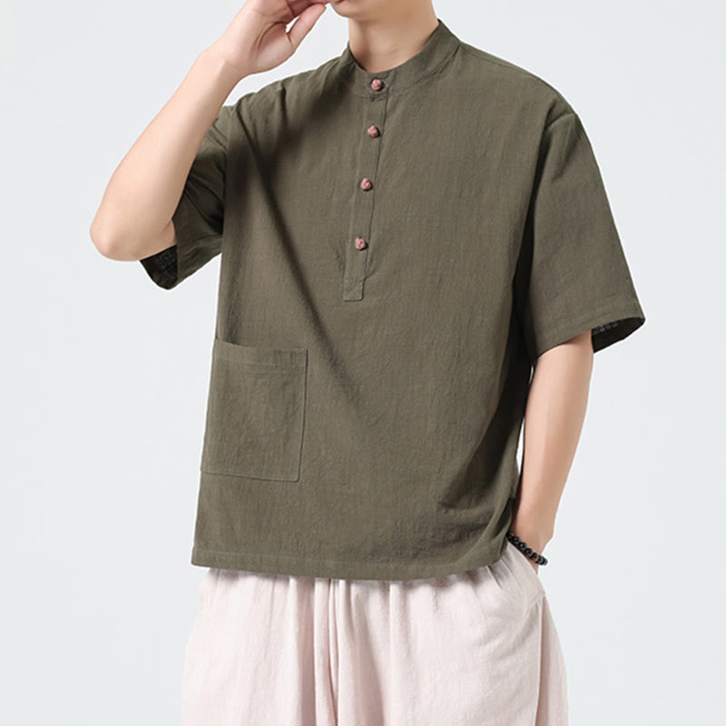 Camicia da uomo in cotone a mezza manica con tasca, modello Buddha Stones Casual, con colletto alla coreana e bottoni a mezza rana