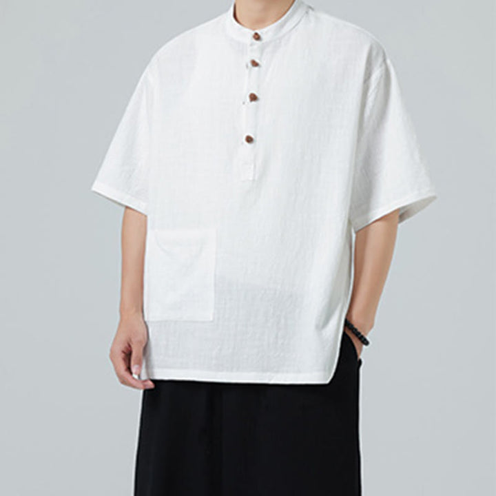 Camicia da uomo in cotone a mezza manica con tasca, modello Buddha Stones Casual, con colletto alla coreana e bottoni a mezza rana
