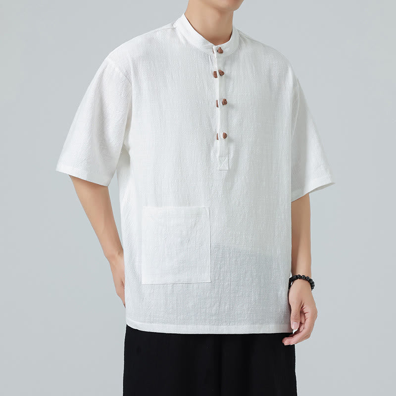 Camicia da uomo in cotone a mezza manica con tasca, modello Buddha Stones Casual, con colletto alla coreana e bottoni a mezza rana