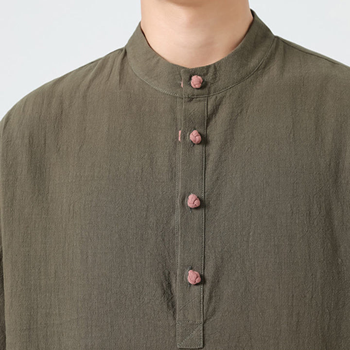 Camicia da uomo in cotone a mezza manica con tasca, modello Buddha Stones Casual, con colletto alla coreana e bottoni a mezza rana