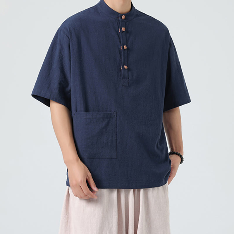 Camicia da uomo in cotone a mezza manica con tasca, modello Buddha Stones Casual, con colletto alla coreana e bottoni a mezza rana