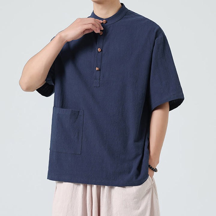 Camicia da uomo in cotone a mezza manica con tasca, modello Buddha Stones Casual, con colletto alla coreana e bottoni a mezza rana