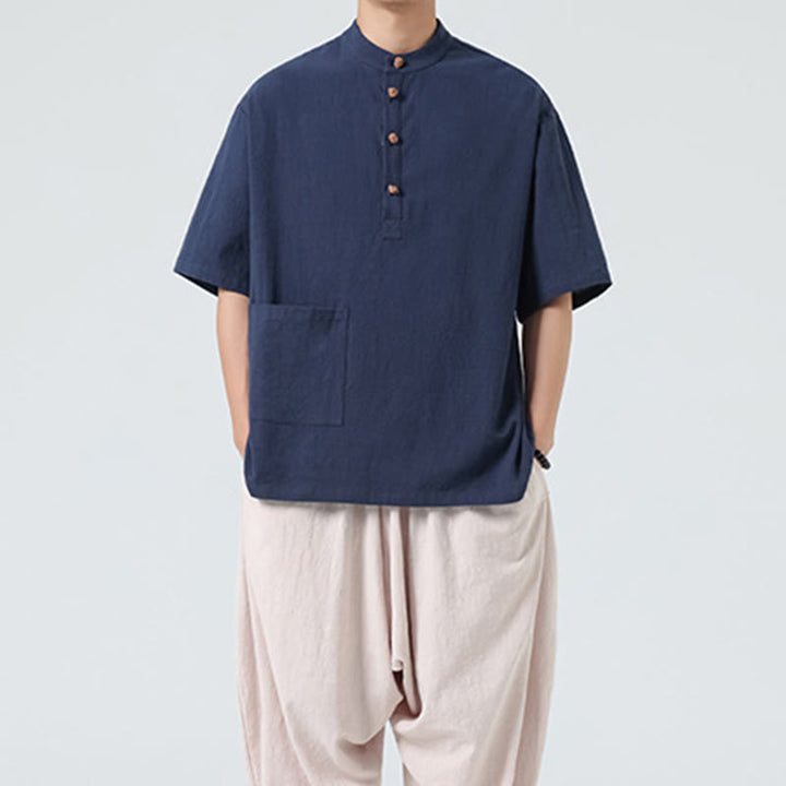 Camicia da uomo in cotone a mezza manica con tasca, modello Buddha Stones Casual, con colletto alla coreana e bottoni a mezza rana