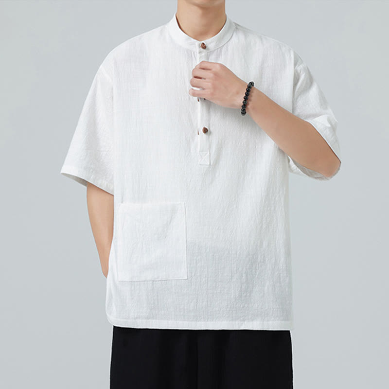 Camicia da uomo in cotone a mezza manica con tasca, modello Buddha Stones Casual, con colletto alla coreana e bottoni a mezza rana