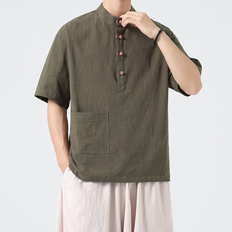 Camicia da uomo in cotone a mezza manica con tasca, modello Buddha Stones Casual, con colletto alla coreana e bottoni a mezza rana