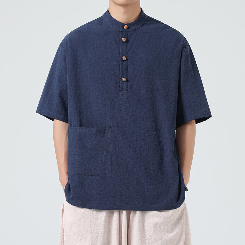 Camicia da uomo in cotone a mezza manica con tasca, modello Buddha Stones Casual, con colletto alla coreana e bottoni a mezza rana