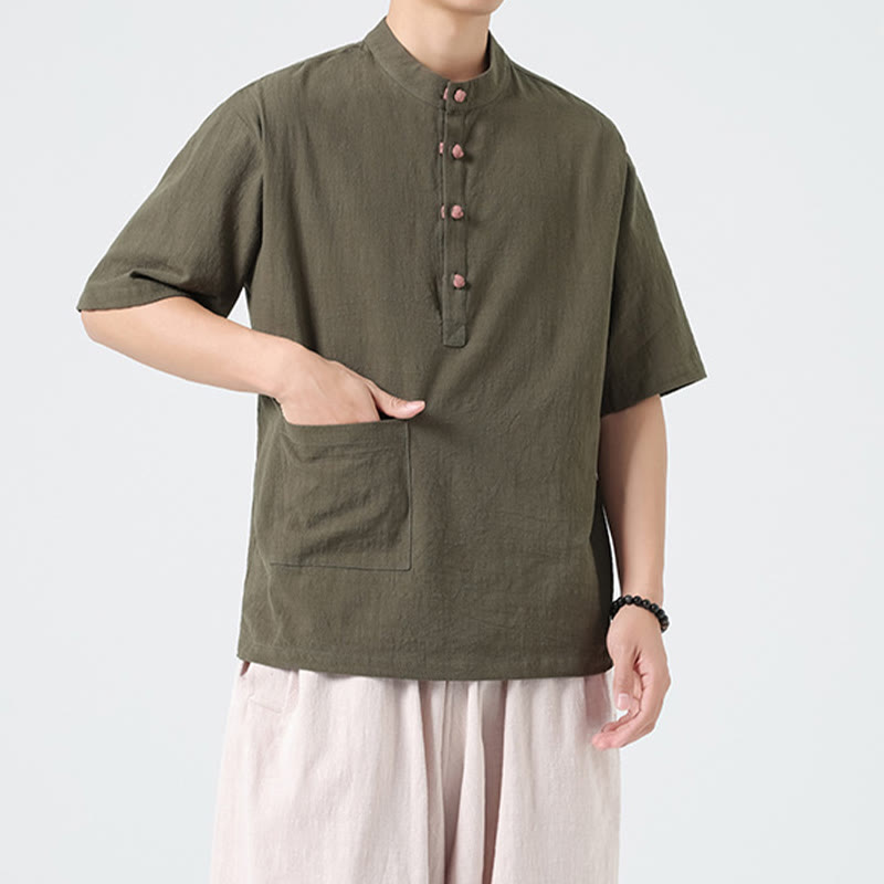 Camicia da uomo in cotone a mezza manica con tasca, modello Buddha Stones Casual, con colletto alla coreana e bottoni a mezza rana