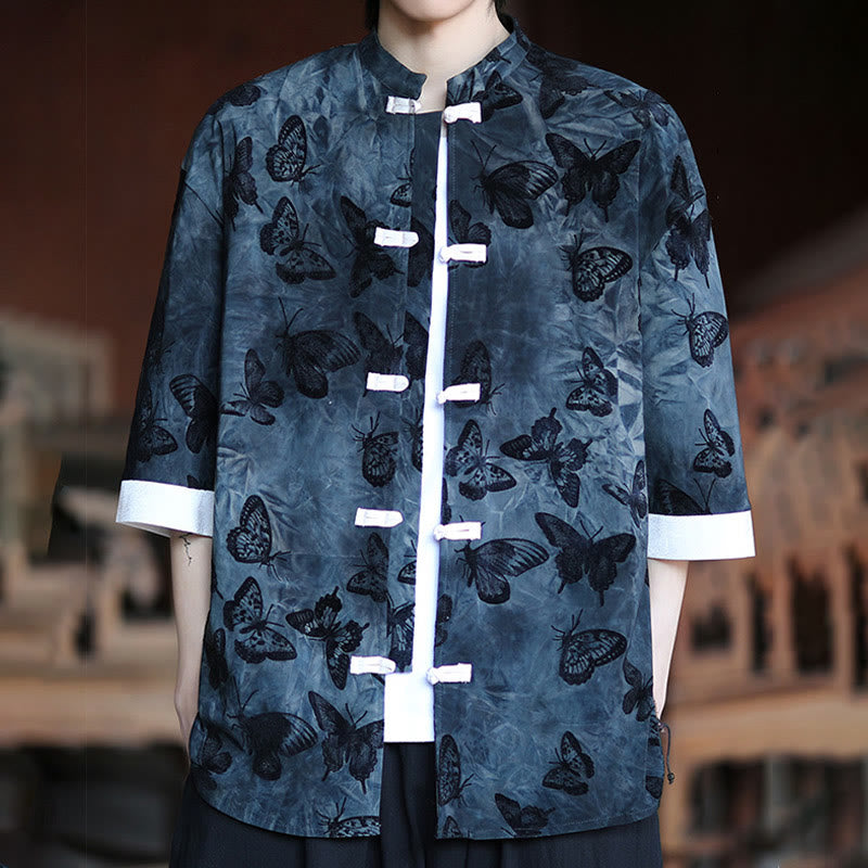 Camicia da uomo a maniche a tre quarti in cotone con colletto alla coreana e motivo a farfalla jacquard Buddha Stones, colore bianco, con bottoni a forma di rana. - image 13