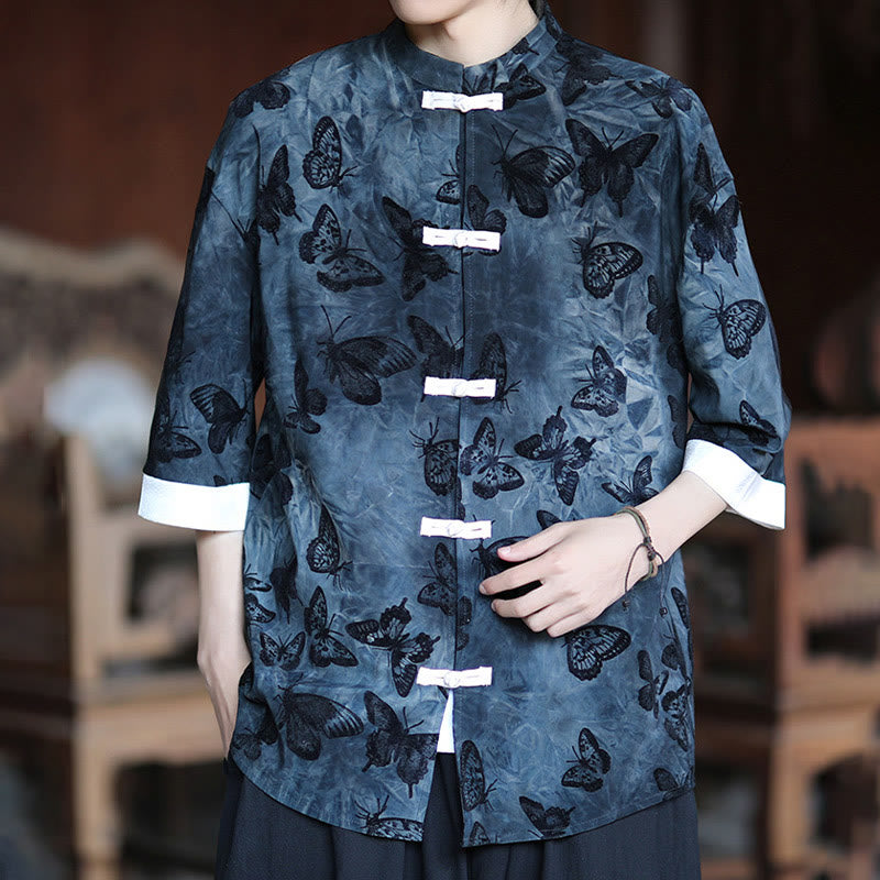 Camicia da uomo a maniche a tre quarti in cotone con colletto alla coreana e motivo a farfalla jacquard Buddha Stones, colore bianco, con bottoni a forma di rana. - image 14