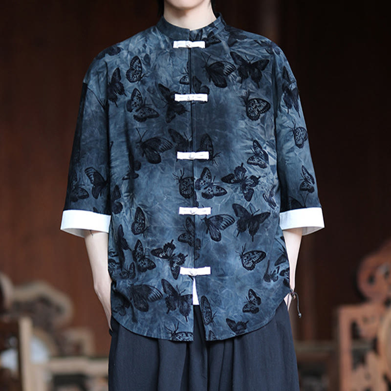 Camicia da uomo a maniche a tre quarti in cotone con colletto alla coreana e motivo a farfalla jacquard Buddha Stones, colore bianco, con bottoni a forma di rana. - image 9