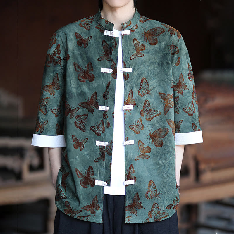 Camicia da uomo a maniche a tre quarti in cotone con colletto alla coreana e motivo a farfalla jacquard Buddha Stones, colore bianco, con bottoni a forma di rana. - image 2