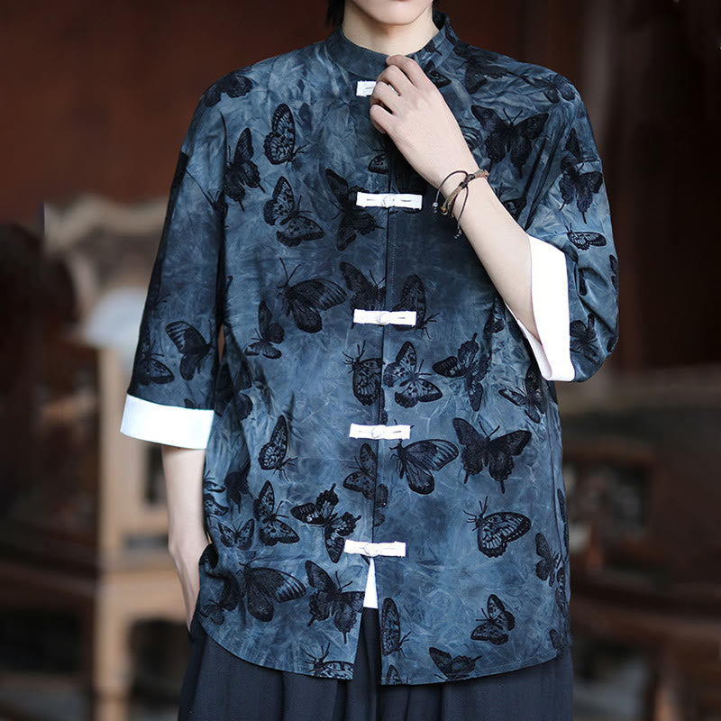 Camicia da uomo a maniche a tre quarti in cotone con colletto alla coreana e motivo a farfalla jacquard Buddha Stones, colore bianco, con bottoni a forma di rana. - image 12