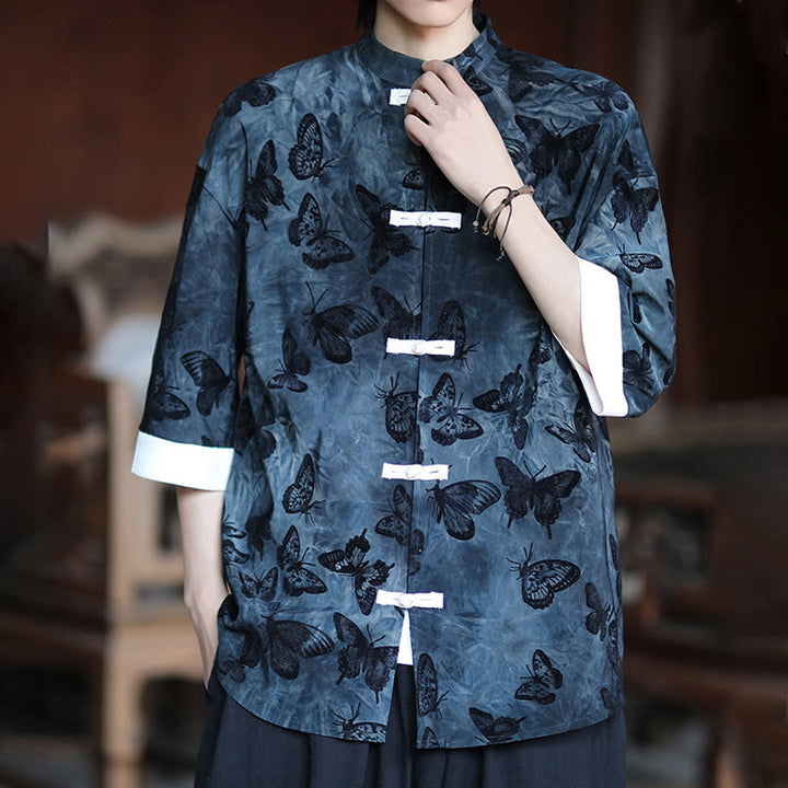 Camicia da uomo a maniche a tre quarti in cotone con colletto alla coreana e motivo a farfalla jacquard Buddha Stones, colore bianco, con bottoni a forma di rana. - image 12