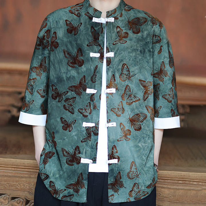 Camicia da uomo a maniche a tre quarti in cotone con colletto alla coreana e motivo a farfalla jacquard Buddha Stones, colore bianco, con bottoni a forma di rana. - image 4