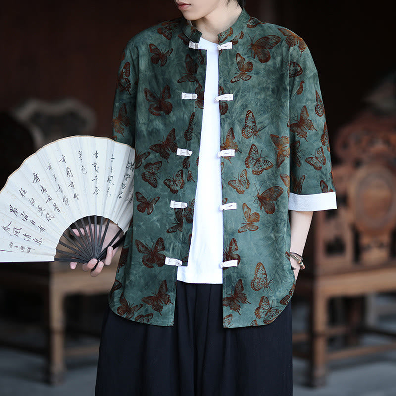 Cardigan da uomo in cotone con maniche a tre quarti, collo alto, motivo a farfalla in jacquard con Buddha Stones e bottoni a rana bianchi - image 1