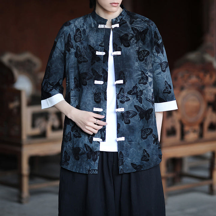 Camicia da uomo a maniche a tre quarti in cotone con colletto alla coreana e motivo a farfalla jacquard Buddha Stones, colore bianco, con bottoni a forma di rana. - image 11