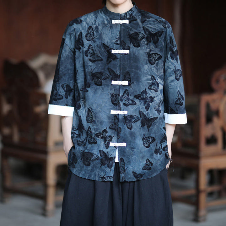 Camicia da uomo a maniche a tre quarti in cotone con colletto alla coreana e motivo a farfalla jacquard Buddha Stones, colore bianco, con bottoni a forma di rana. - image 10