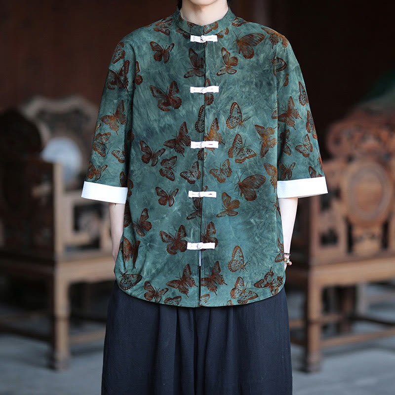 Camicia da uomo a maniche a tre quarti in cotone con colletto alla coreana e motivo a farfalla jacquard Buddha Stones, colore bianco, con bottoni a forma di rana. - Verde mare - US/UK/AU46, EU56 (5XL) - image 0