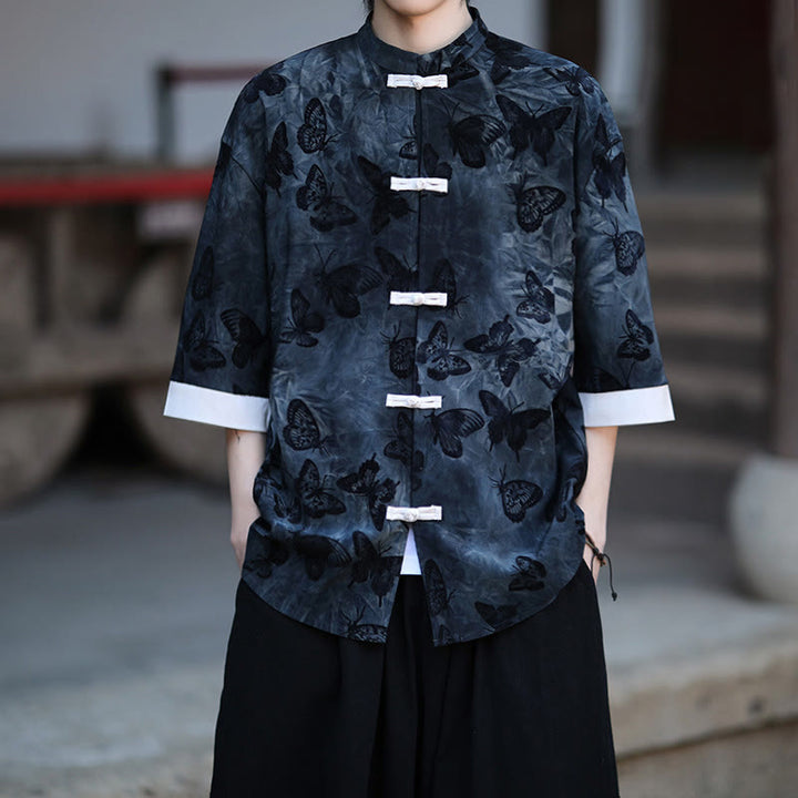 Camicia da uomo a maniche a tre quarti in cotone con colletto alla coreana e motivo a farfalla jacquard Buddha Stones, colore bianco, con bottoni a forma di rana. - Blu notte - US/UK/AU46, EU56 (5XL) - image 8