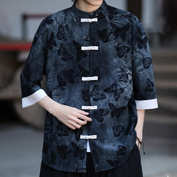 Camicia da uomo a maniche a tre quarti in cotone con colletto alla coreana e motivo a farfalla jacquard Buddha Stones, colore bianco, con bottoni a forma di rana. - image 16