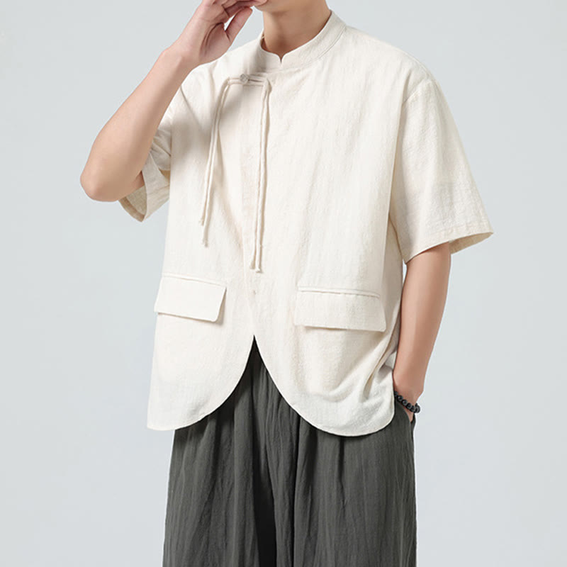 Cardigan da uomo in cotone a maniche corte con tasche, modello Buddha Stones, vintage, tinta unita, orlo irregolare, colletto alto - image 1