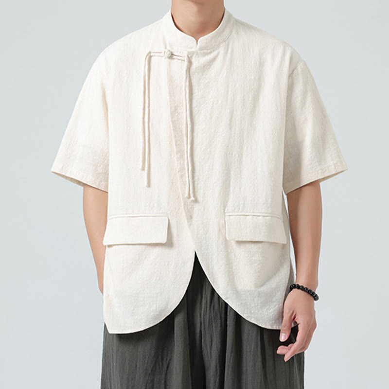 Cardigan da uomo in cotone a maniche corte con tasche, modello Buddha Stones, vintage, tinta unita, orlo irregolare, colletto alto - Beige - US/UK/AU46, EU56 (5XL) - image 0