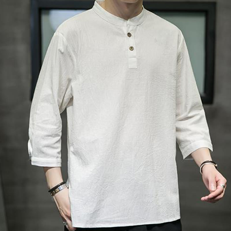 Camicia da uomo in cotone e lino con maniche a tre quarti, stile casual vintage, colore puro, con colletto alto, motivo Buddha Stones - Beige - US/UK/AU46, EU56 (5XL) - image 0