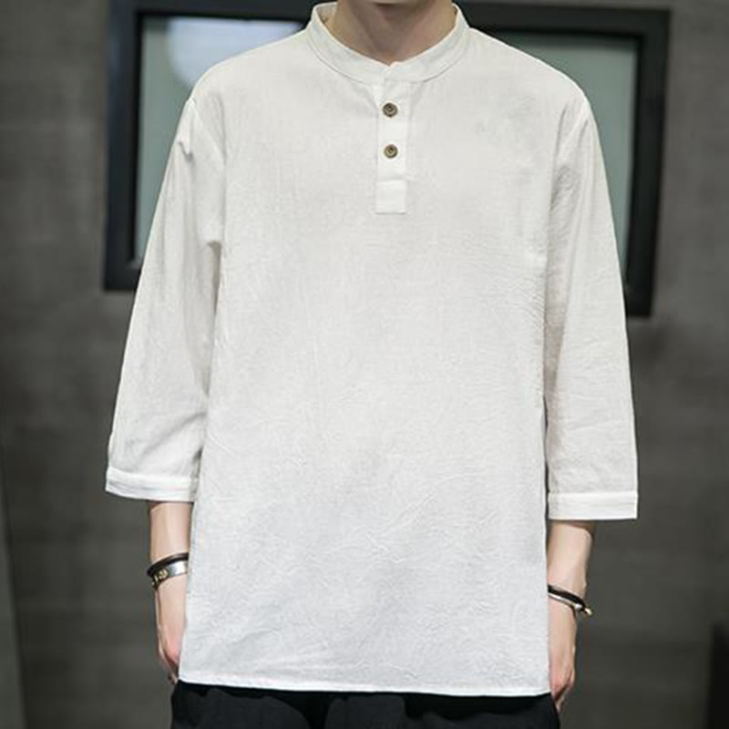 Camicia da uomo in cotone e lino con maniche a tre quarti, stile casual vintage, colore puro, con colletto alto, motivo Buddha Stones - image 1