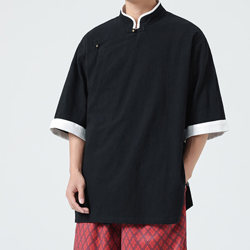 Camicia da uomo in cotone e lino a mezza manica, con colletto e abbottonatura inclinata, modello Buddha Stones Vintage Spring, in tinta unita - image 18