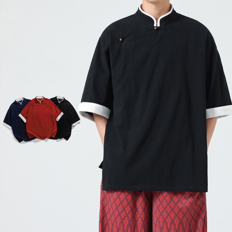 Camicia da uomo in cotone e lino a mezza manica, con colletto e abbottonatura inclinata, modello Buddha Stones Vintage Spring, in tinta unita - image 15